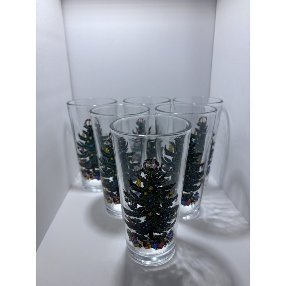 6pc Set Of Babcock Home Furnishing 16oz Holiday Christmas Tree Glass Tumblers